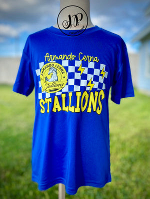 Royal blue school drifit tee smiley stallion or other (read description)